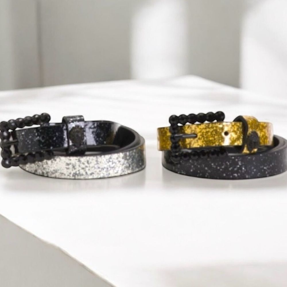 Kurt Geiger Black and Gold and Black and Silver Glitter Belts (2 pack) NWT